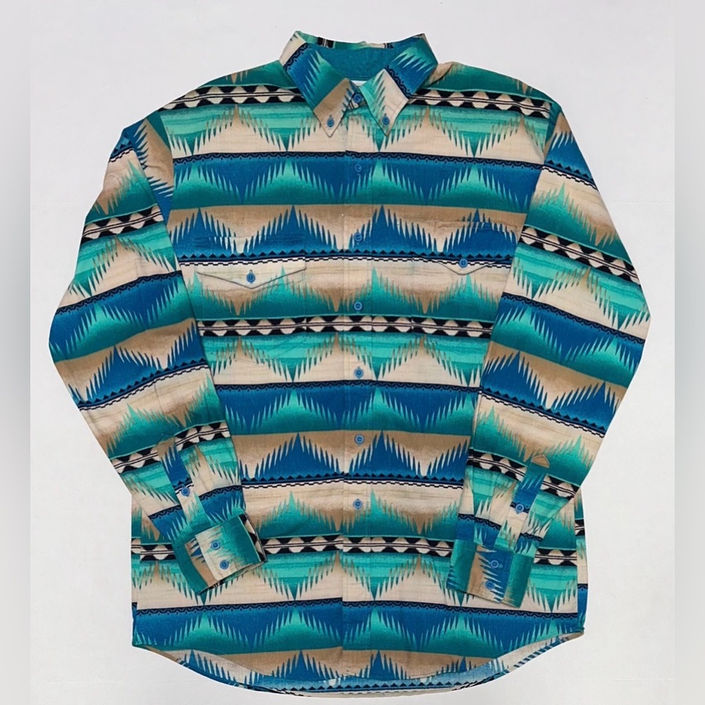 VTG Roper Button Down Mens L Teal Southwest Aztec Western Rodeo Ranch Cowboy